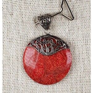Vintage Bali Red Coral Handmade 925 Sterling Silver Pendant